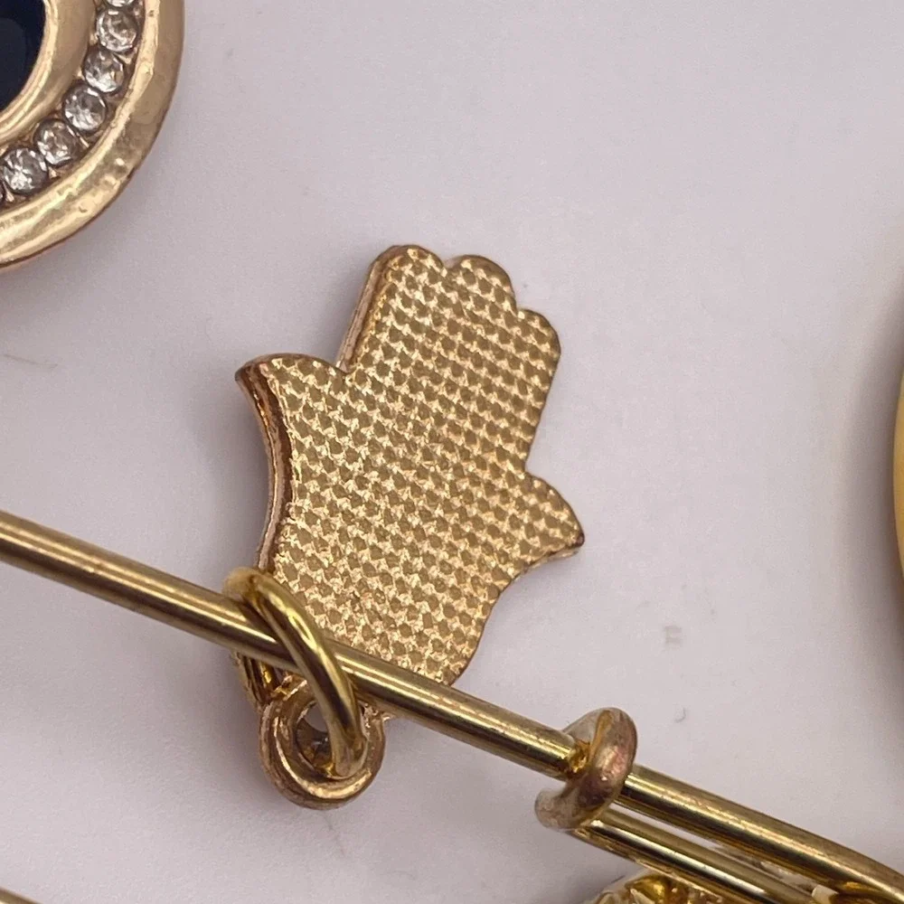 Vintage Gold Tone Islamic Allah Ayatul Kursi Coin Charm Brooch Evil Eye Hamsa